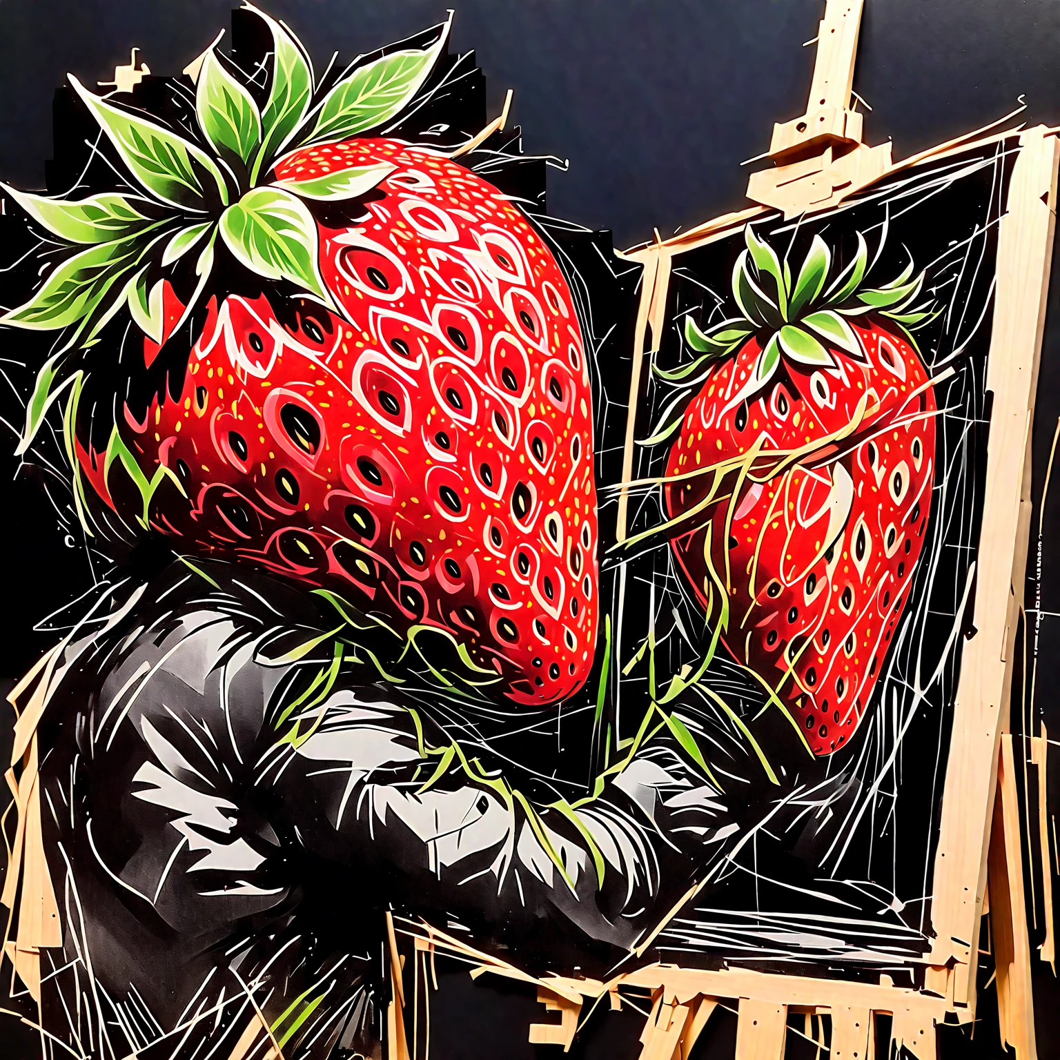 Strawberry Artist: A strawberry painting a masterpiece on a canvas. 🍓🎨, The sketch uses angular and expressive lines in an incomplete, unfinished style, evoking a sense of decay. the style blends the art aesthetics of Sean Gordon Murphy and Joelle Jones with a rough sketch charcoal art style. The sketch shows rough-draft pencil lines underneath with bold lines over a rough-sketch inking, using an ink and charcoal
