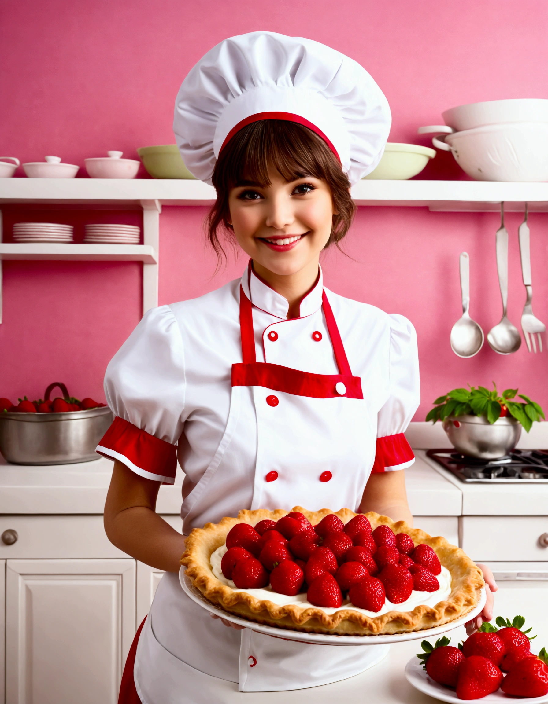 A cute woman (age 25, cute chef outfit) presenting a strawberry pie to the viewer, nice kitchen