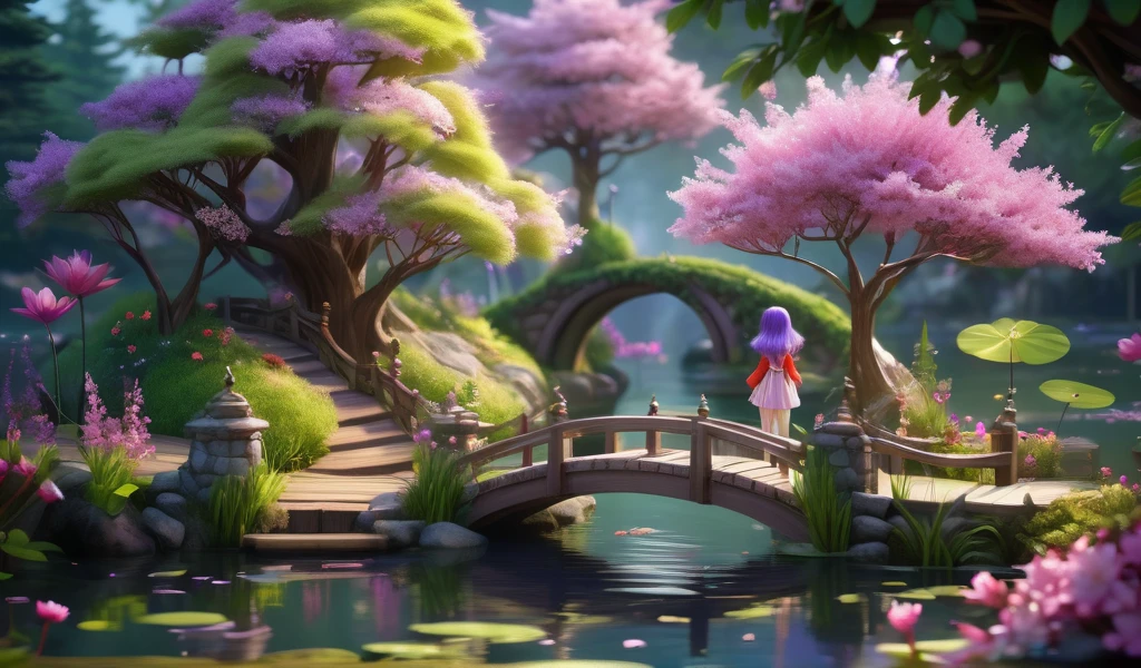 there is a a girl with purple hair on a small bridge over a pond with flowers and cherry blossom trees, 4k highly detailed digital art, beautiful art uhd 4 k, 8k high quality detailed art, 4k detailed digital art, beautiful render of a fairytale, 3d digital art 4k, beautiful composition 3 - d 4 k, cute detailed digital art, fairyland bridge, cute 3 d render