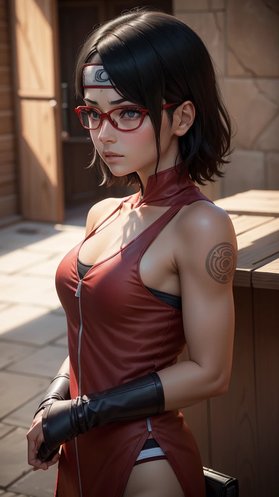 (high resolution,work of art:1.2),ultra detali,realisitic,proffesional,beautiful detailed eyes,beautiful detailed lips,dark hair,short black hair,red glasses,very big tits,stunning black eyes,clean skin, de 18 anos,trendy short hairstyle,vibrant red glasses,Academia Shinobi,fierce determination,confident stance,crimson outfit,intense gaze,Background full of ninjutsu techniques,shadows skillfully accentuating your features,subtle studio lighting,sublime realism,striking color tones