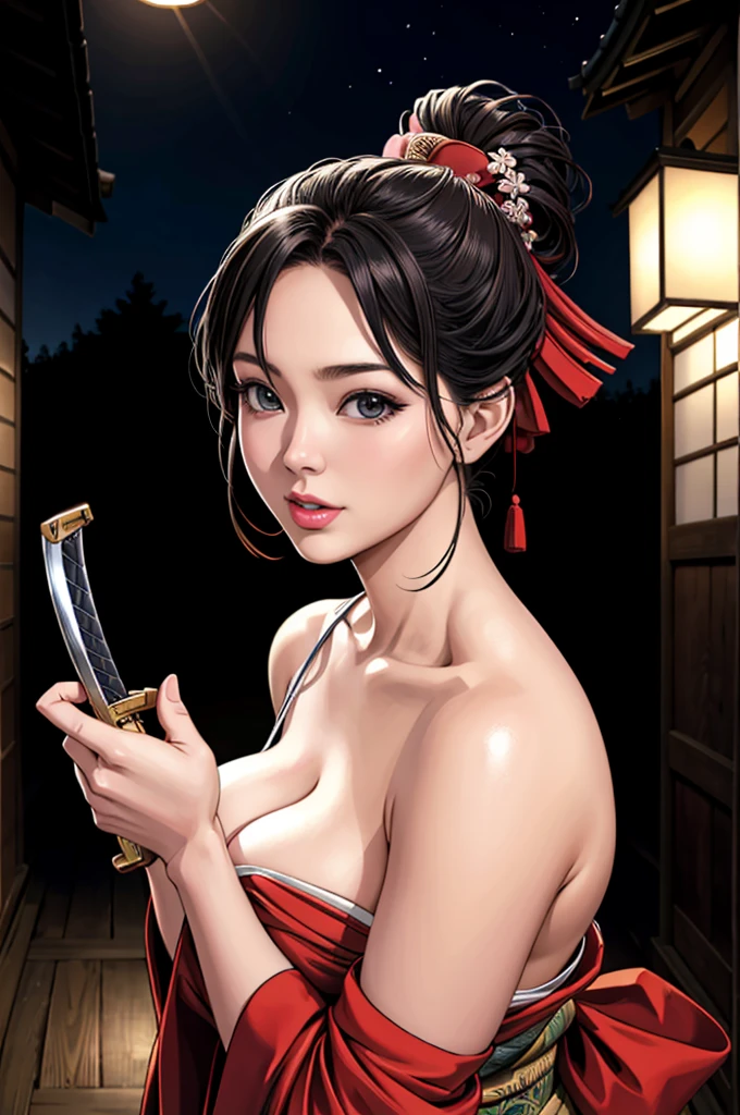 (Browsing Caution), (RAW Photos), (Realistic), (Photorealistic), Ultra-high resolution, masterpiece, Highest quality, Portraiture, facial Portraiture, Perfect lighting, Detailed lighting, Dramatic Shadows, Ray Tracing, Pure Eros Face_v1, Urzan-6500-v1.1, ((holding a Japanese Katana)), looking at viewer, ((wearing a sexy kimono)), ((in old Japanese street)), (((bare shoulders))), ((night)),