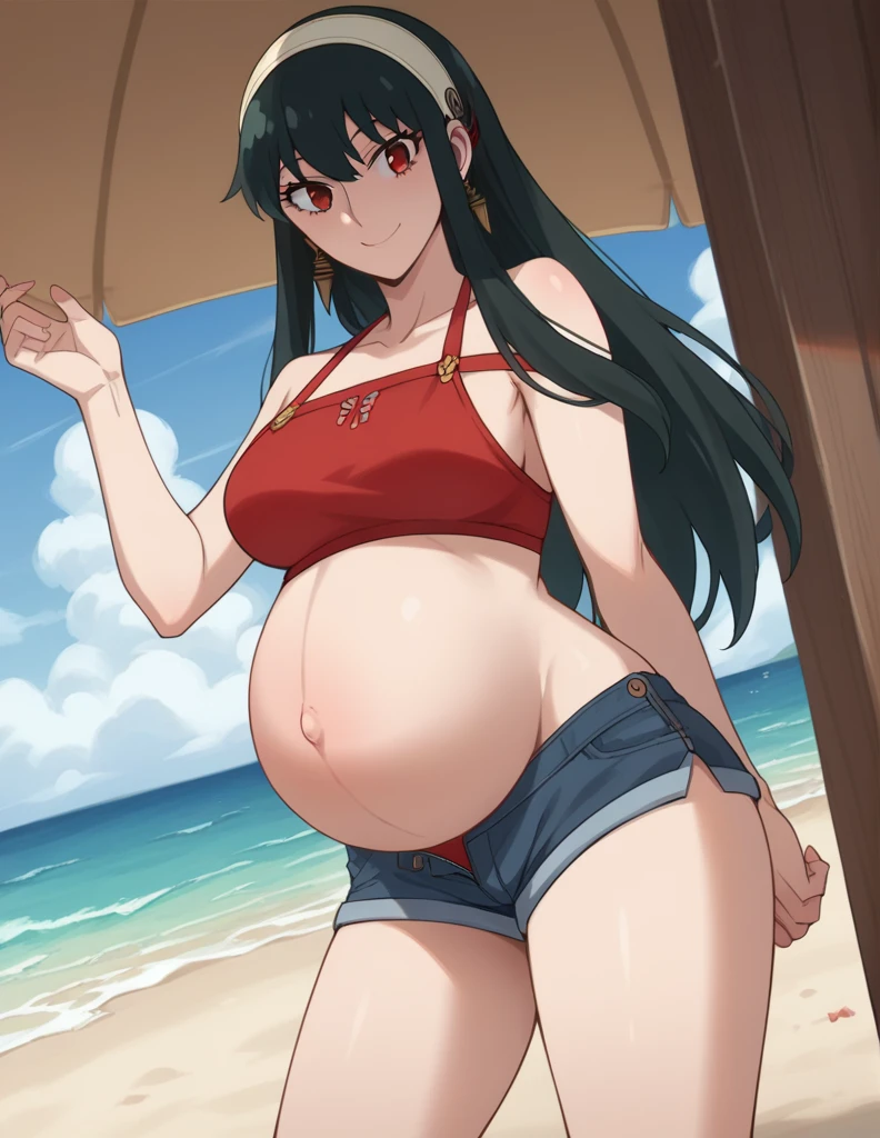 score_9, score_8_up, score_7_up, source_anime,
yorbriar, yor briar, black hair, red eyes, earrings, white hairband, hairband, long hair, sidelocks,
bare shoulders, red bikini, shorts, thighs,
Beach, smile,
looking at viewer, dutch angle, cowboy shot, pregnant, big belly