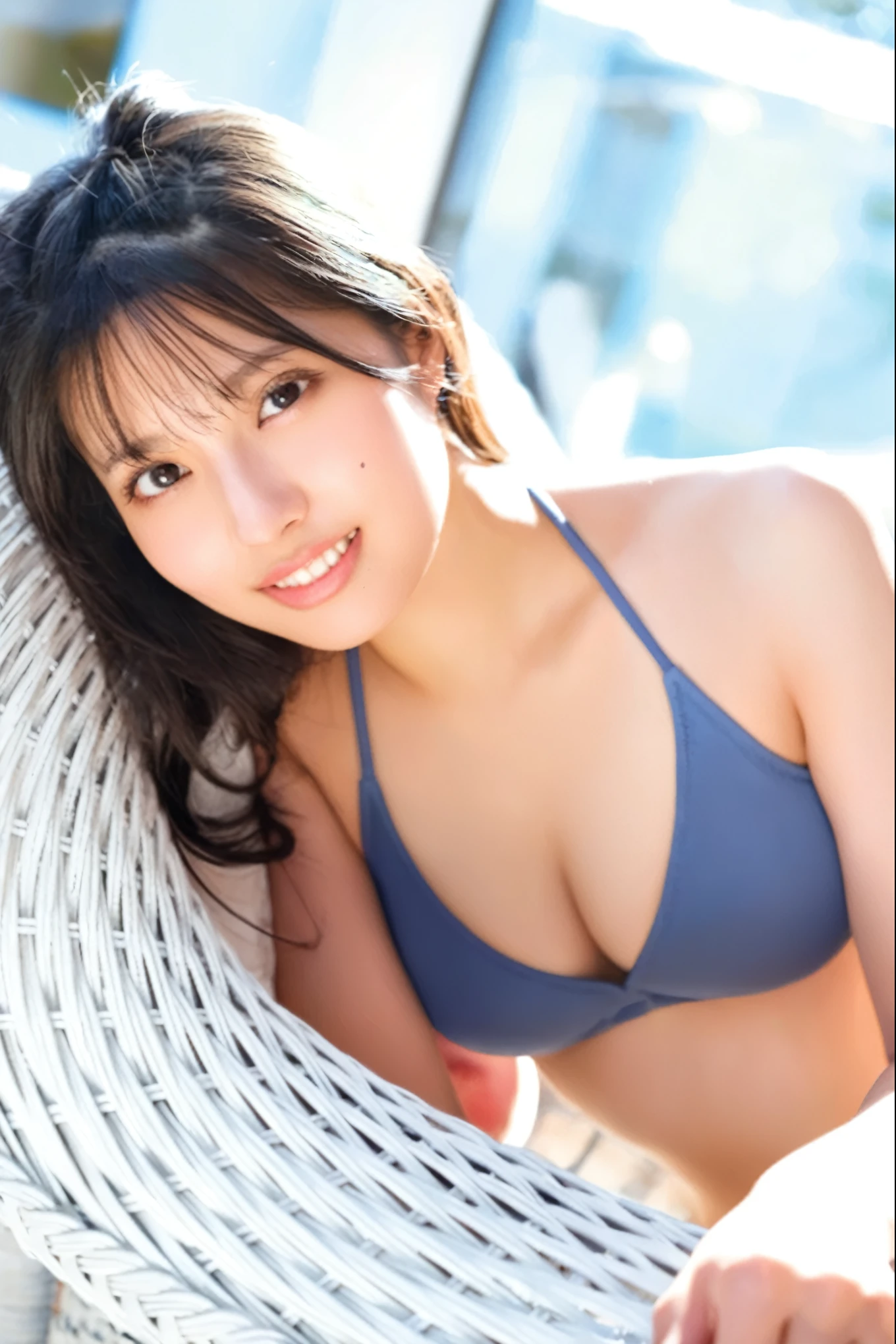 Alafed asian woman in blue bikini sitting on wicker chair, mayuri shiina, For whom?, Young and cute gravure idol, Yasumoto Oka, Young Sensual Gravure Idol, Japanese Model, Young Gravure Idol, realistic Young Gravure Idol, A sophisticated gravure idol, ayami kojima amano, Friendly and seductive smile, Cute seductive smile