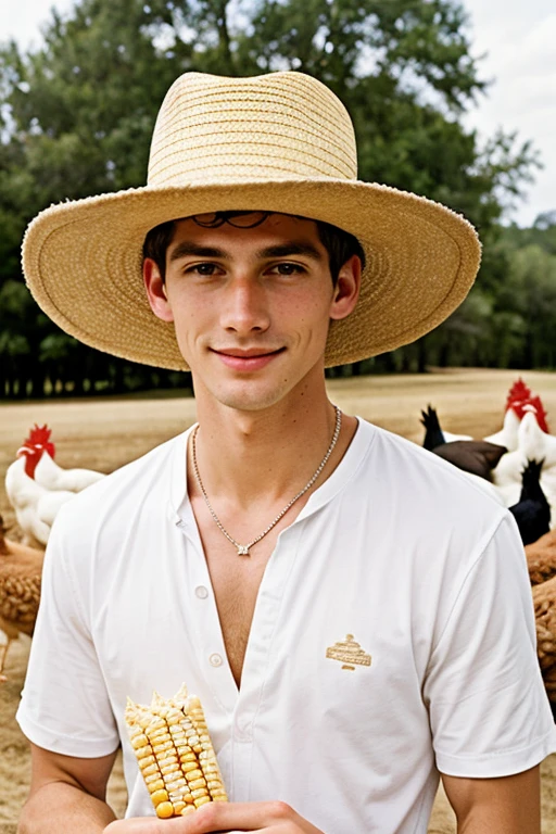 Young handsome cute beautiful skinny white face shirtless winged his grandmother humble ranch hat feeding corn to many chickens