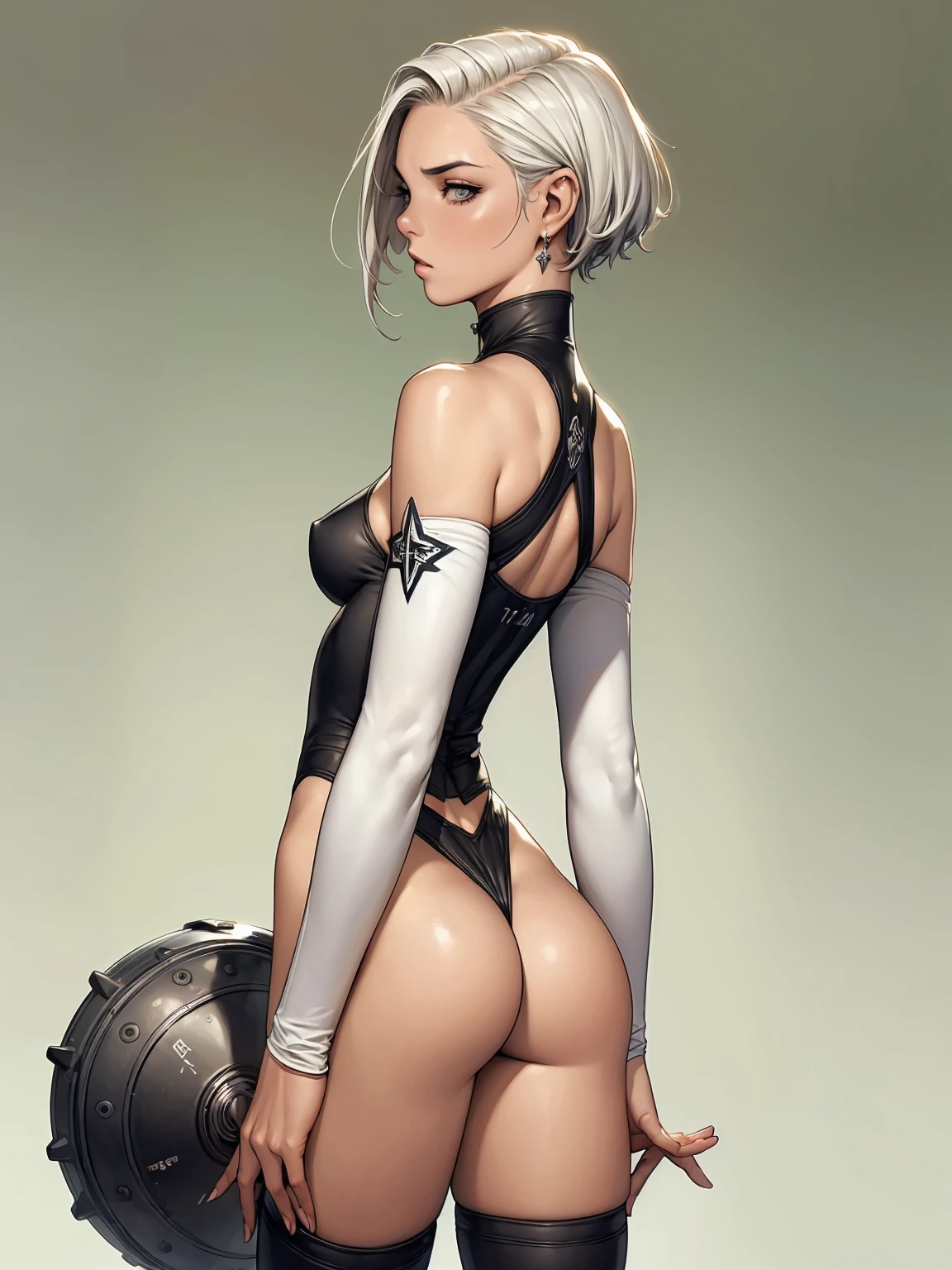 (((with your back to the viewer))), (((best qualityer))), (((perfectbody))), (((bared shoulders))), (((1girl))), (((Annie Lennox))), ((( back view ))), (((perfect ass))), (((Soviet star))), (((Yellow stars))), (((hair shaved on the sides))), ((high collar)), (((best qualityer: 1.4))), (Unbeatable masterpiece), (hiper HD),(CG 8k hyper-realistic), (((black short cut hair style))), (((breasts big))), (((hyper feminine))), sexly girl, Tron,((super short white hair)), ((( sculptural body ))), (((1 girl))), garota cibernética de 25 anos com perfectbody,,Beautiful and well-groomed face,muscular body:1.2,gradient color detailed jacket, (Head to thigh photos), Complex equipment, green dark,Long pants, (((standing alone))), pirralha violent, ((())), sexly, pose de atitude, work of art, post-apocalypse, (((manga style))), bounty hunter, violent, Manic, the way you want, slenderbody, thin but strong, perfectbody, roupa moderna, advanced technology, neon, sleeves with vertical striped pattern, neutral background, (( cowboy shot )). intricate visual
