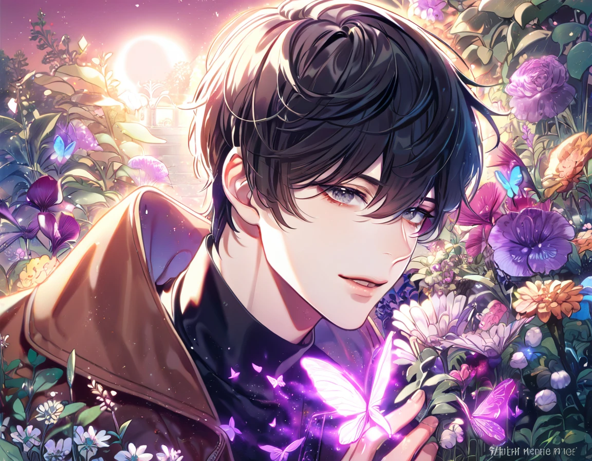 (absurdres, highres, ultra detailed, HDR) master piece, best quality, extremely detailed, delicated features, Han Yoohyun, black hair, expressive gray eyes, The S-Classes That I Raised, solo, sexy man, handsome, sensual, brown coat, black tight turtleneck shirt, fantasy, magical, glittering, shining, purple flames, purple moon, purple flowers, purple butterflies, garden