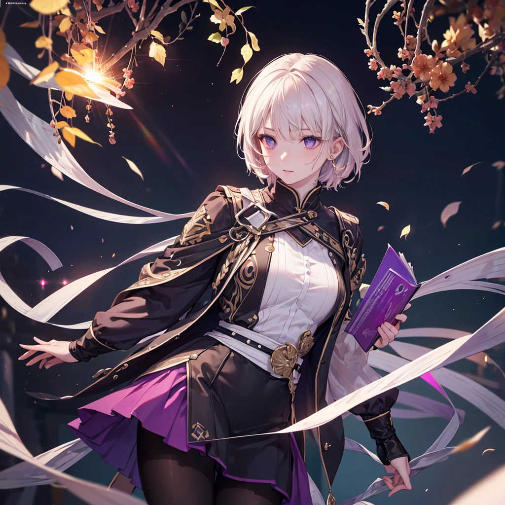 CG, Unity, 8k, wallpaper, Highest quality, masterpiece, Lovely lady, 18-year-old, White skin, break, Purple Ninja Costume, (pantyhose:1.3), (Realistic:1.2), Best lighting, Complex pupil, Intricate weaving, Detailed Background,professor、Short cut dark brown