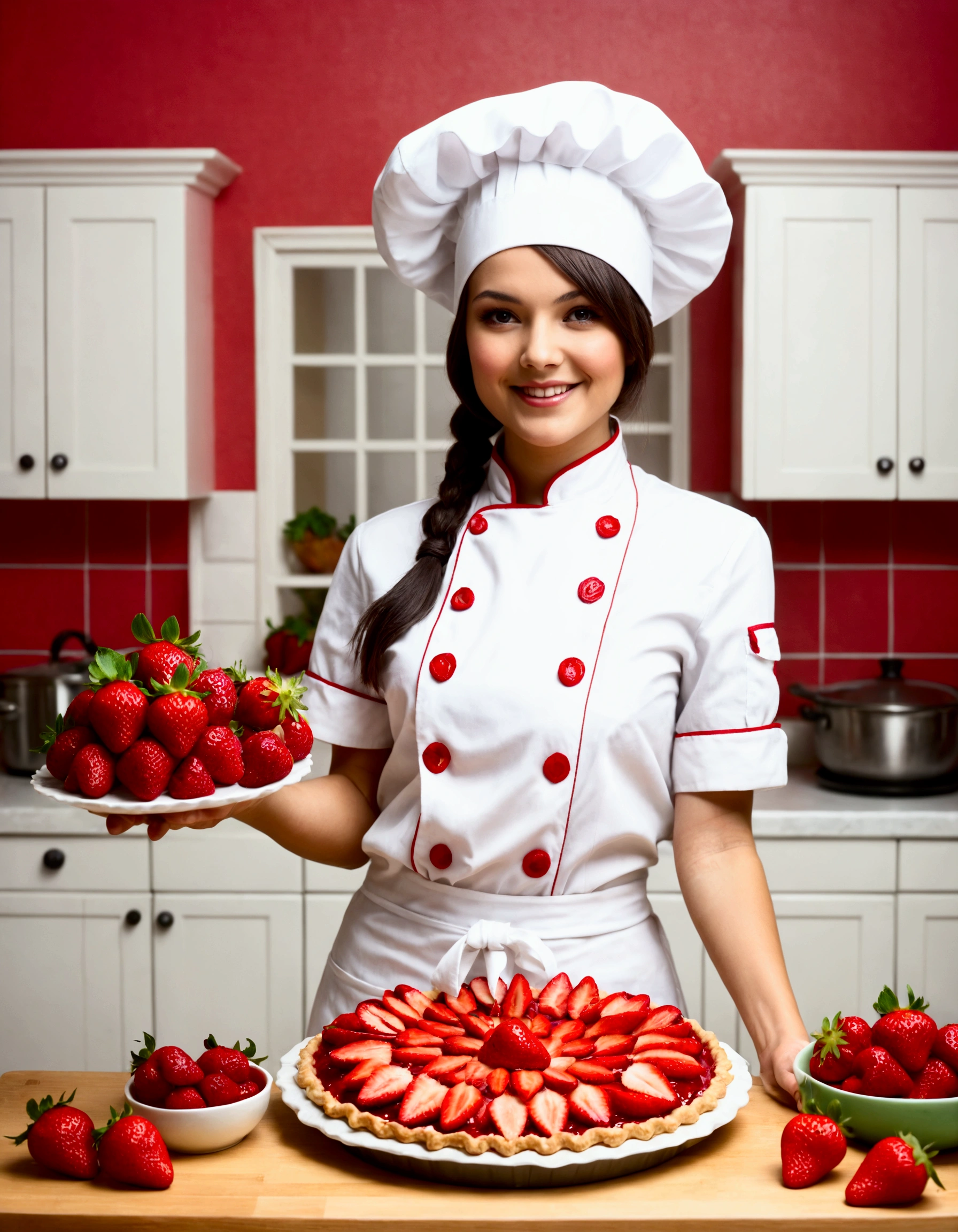 A cute woman (age 25, cute chef outfit) presenting a strawberry pie to the viewer, nice kitchen
