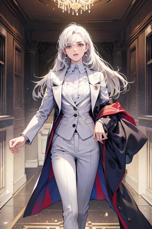 (table top, digital art, digital illustration, 4K, 8K, super detailed, beautiful images, clear image, realistic, RAW photo, perfect face, perfect lines, perfect eyes, soft lighting) 1 female, ((different hair color)), (medium white hair,straight hair,, Bullish gaze,beautiful woman,Solid makeup,28 year old female,small breasts:1.3),suit, Two handsome men in suits, (human,Men in suits,muscular,Firm shoulder width,adult male,boyish hairstyle,british gentleman&#39;s style,A man in his 30s with a cool expression, long black hair, 28-year-old man with bright smile:1.2),Bright Victorian era room、white wall、couple dancing、light
