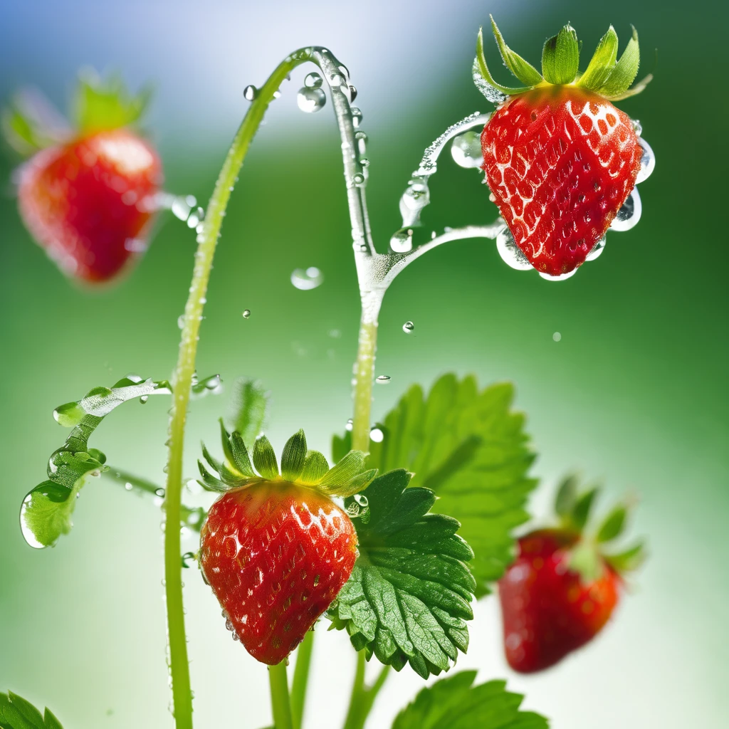 A single strawberry, Sizzle feeling, fresh, Juicy, Green stem, Morning Dew