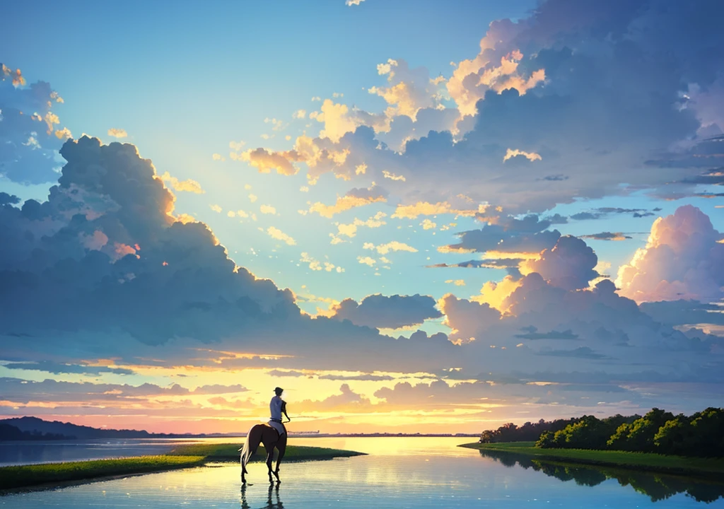 anime scene of a man riding a horse across a lake, concept art inspired by Makoto Shinkai, trending on pixiv, conceptual art, anime landscape wallpaper, beautiful anime scenery, wallpaper anime blue water, anime beautiful peace scene, anime nature wallpap, beautiful anime scene, !!beautiful!!, anime girl walking on water, makoto shinkai!!, anime countryside landscape