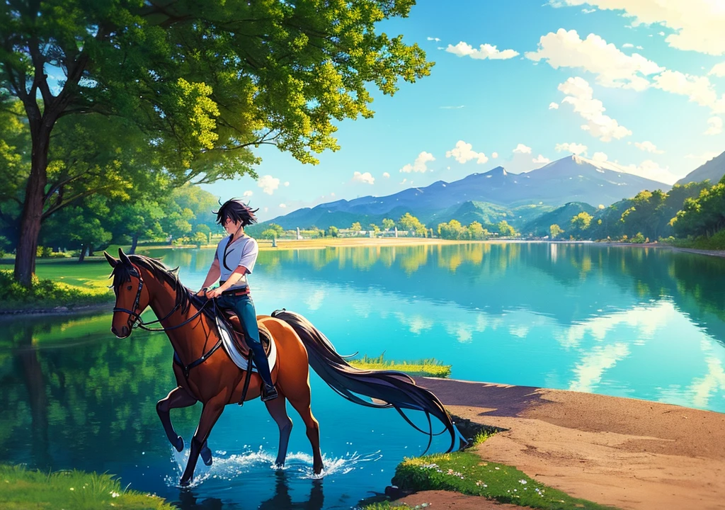 anime scene of a man riding a horse across a lake, concept art inspired by Makoto Shinkai, trending on pixiv, conceptual art, anime landscape wallpaper, beautiful anime scenery, wallpaper anime blue water, anime beautiful peace scene, anime nature wallpap, beautiful anime scene, !!beautiful!!, anime girl walking on water, makoto shinkai!!, anime countryside landscape