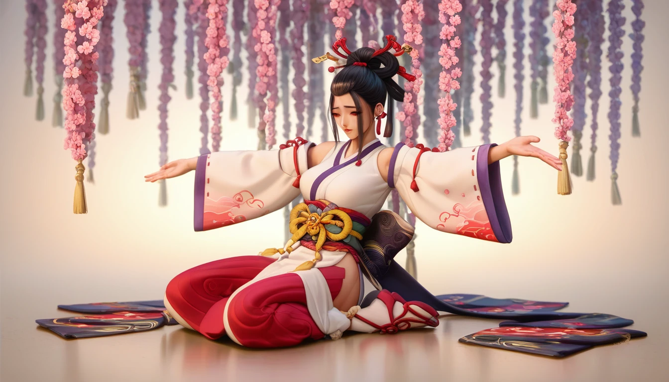 A beautifully asian female character in a flowing, elaborate hanfu. She has long, dark hair adorned with flowers and gold accents, and her attire is hanfu which features soft pink and white colors with intricate patterns. Her dress is designed with billowing sleeves and ribbons that swirl elegantly around her. (((Sexy pose))), sitting on the ground with her arms outstretched, high detailed official artwork, onmyoji portrait, full body xianxia, anime woman fullbody art, character artwork, full art, full - body artwork