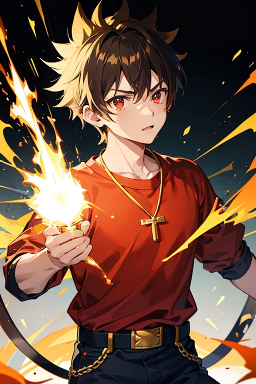 Taiga Akatora from Camp Buddy, boy, , spiky brown hair with yellow flame-shaped highlights and red eyes black shirt with green stripe, necklace with gold cross, blue jeans, light black belt, profile looking directly at viewer, White background.