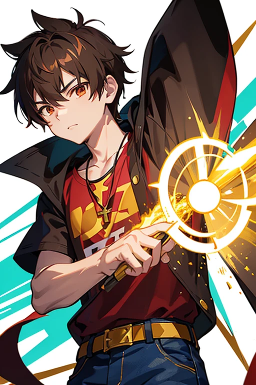 Taiga Akatora from Camp Buddy, boy, 16 years old, spiky brown hair with yellow flame-shaped highlights and red eyes black shirt with green stripe, necklace with gold cross, blue jeans, light black belt, profile looking directly at viewer, White background.