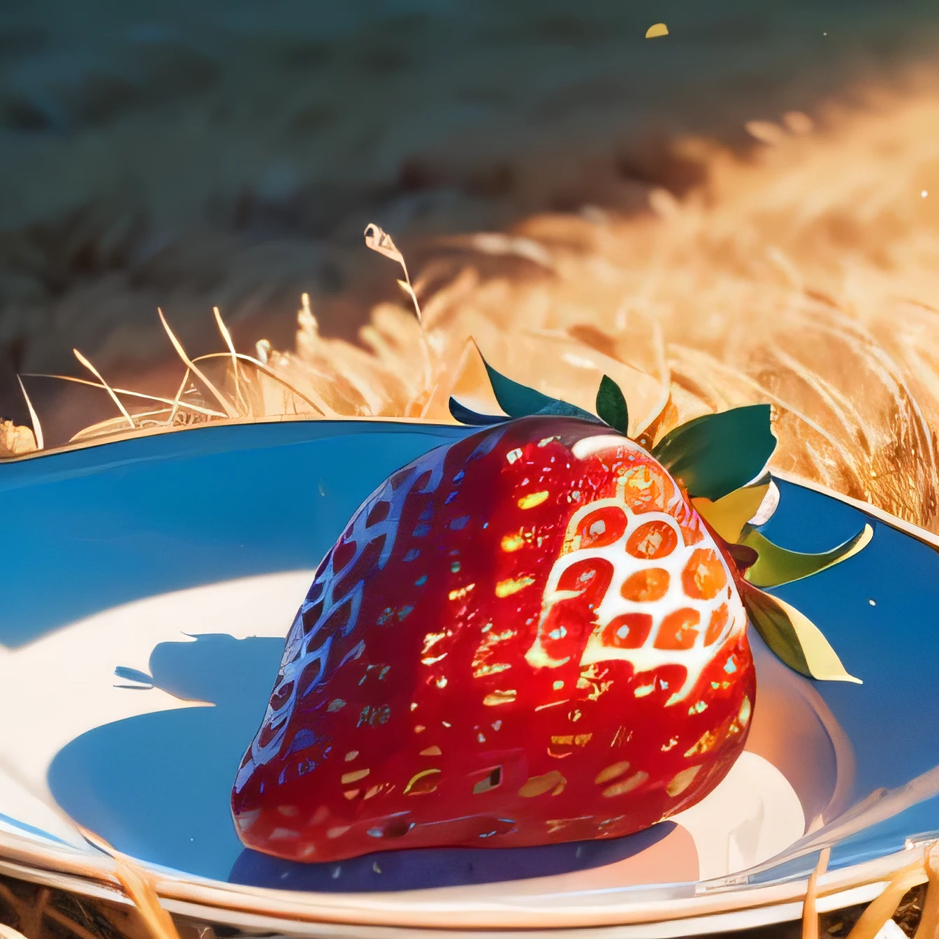 ((masterpiece,highest quality,8k)),(only one,A single strawberry:1.5),(on a small plate:1.5),spot light,(The last grain left in the field, everything else perished.:1.3),