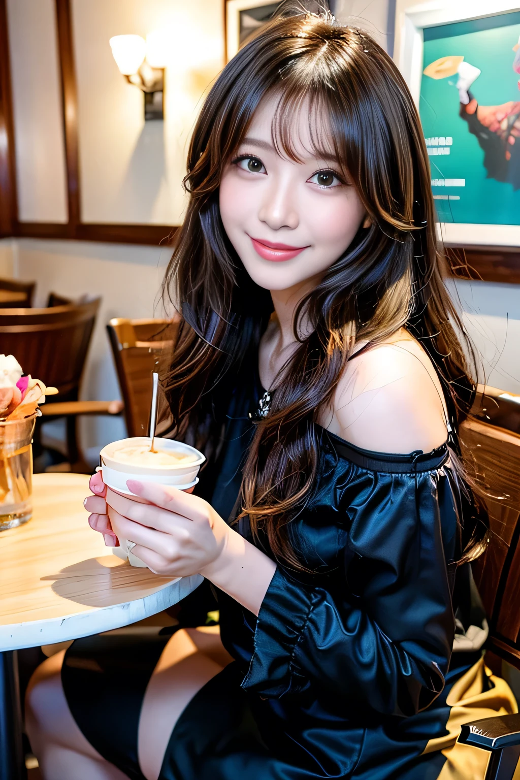 seed;2372725988,((Full Body Angle))、((Front hair:1.3))、((Highest quality, 8k, masterpiece: 1.3)), concentrated: 1.2, Cute girl 1,Nipples erect、 Perfect beauty: 1.4,Summer off-the-shoulder cropped T-shirt、Letter Print、Shorts: 1.2,Long sleeve、Randall Color、comics&Text Graphics、Black ruffle-trimmed drawstring zip blouse,1.1, Highly detailed face and skin textures, Fine grain, double eyelid, whitening skin, ,Highest quality,Ultra-high resolution,you,1 girl,alone,_Shiny_skin,Iris,necklace,((brown_length_Wavy_hair)),(lips)),eyelash,Front hair,deal with,compensate,Shiny,pore,skin,Large Breasts、((smiling face))、stroll、Selfie、A beautiful 20-year-old Japanese woman in summer clothes, sitting in a family restaurant, enjoying a hamburger. The scene captures a bright, cheerful atmosphere typical of a family restaurant. The woman has long, straight black hair and is smiling warmly. The table is set with typical restaurant items like a drink, utensils, and a napkin holder.