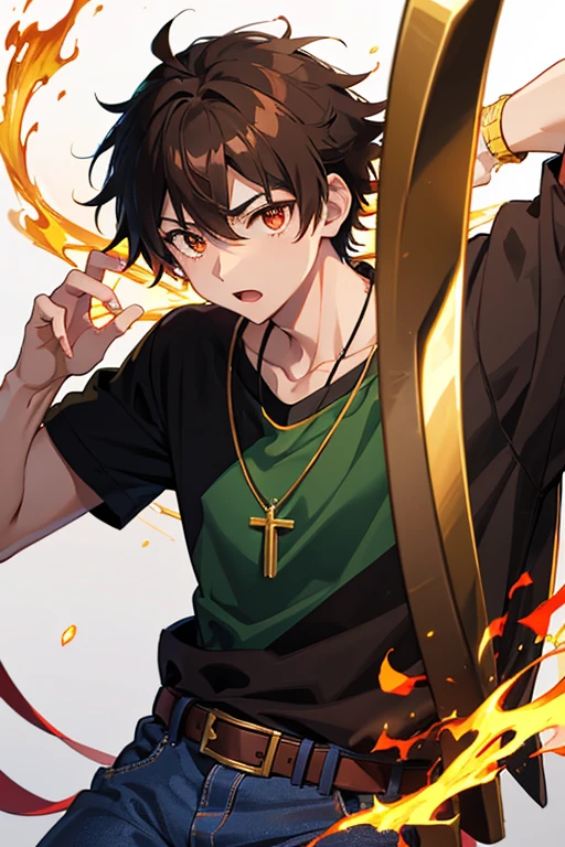 Taiga Akatora from Camp Buddy, boy, , spiky brown hair with yellow flame-shaped highlights and red eyes black shirt with green stripe, necklace with gold cross, blue jeans, light black belt, profile looking directly at viewer, White background.