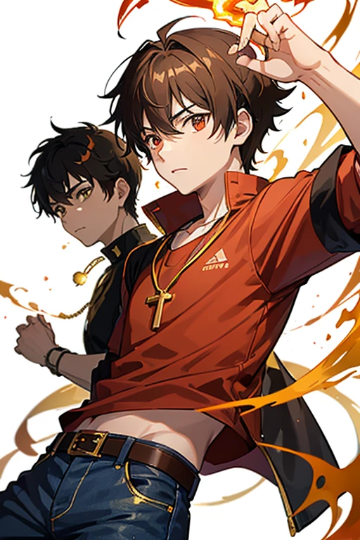 Taiga Akatora from Camp Buddy, boy, , spiky brown hair with yellow flame-shaped highlights and red eyes black shirt with green stripe, necklace with gold cross, blue jeans, light black belt, profile looking directly at viewer, White background.