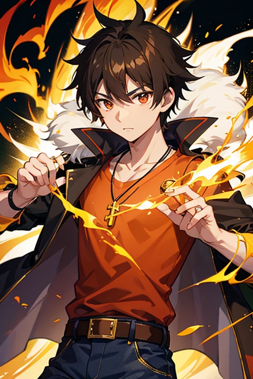 Taiga Akatora from Camp Buddy, boy, , spiky brown hair with yellow flame-shaped highlights and red eyes black shirt with green stripe, necklace with gold cross, blue jeans, light black belt, profile looking directly at viewer, White background.