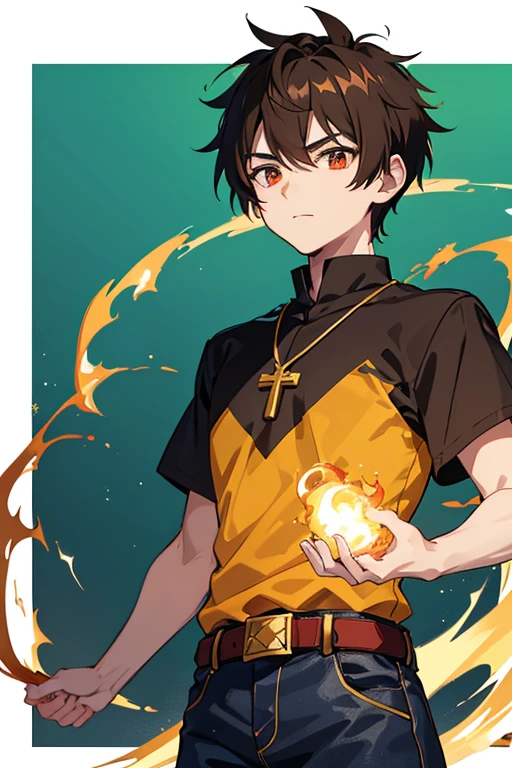 Taiga Akatora from Camp Buddy, boy, , spiky brown hair with yellow flame-shaped highlights and red eyes black shirt with green stripe, necklace with gold cross, blue jeans, light black belt, profile looking directly at viewer, White background.