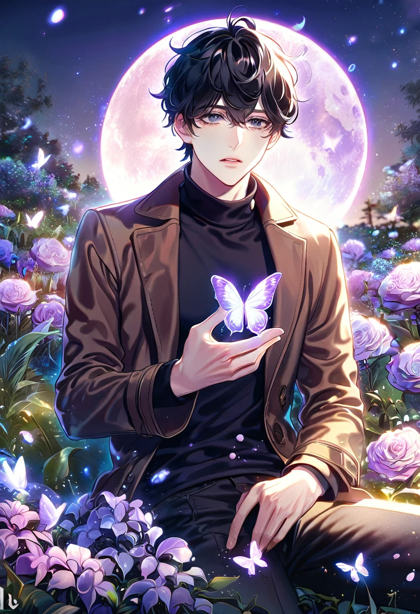 (absurdres, highres, ultra detailed, HDR) master piece, best quality, extremely detailed, delicated features, Han Yoohyun, black hair, messy hair, expressive gray eyes, The S-Classes That I Raised, solo, sexy man sitting, handsome, sensual, brown coat, black tight turtleneck shirt, black pants, fantasy, magical, glittering, shining, purple flames, purple moon, purple flowers, purple butterflies, garden