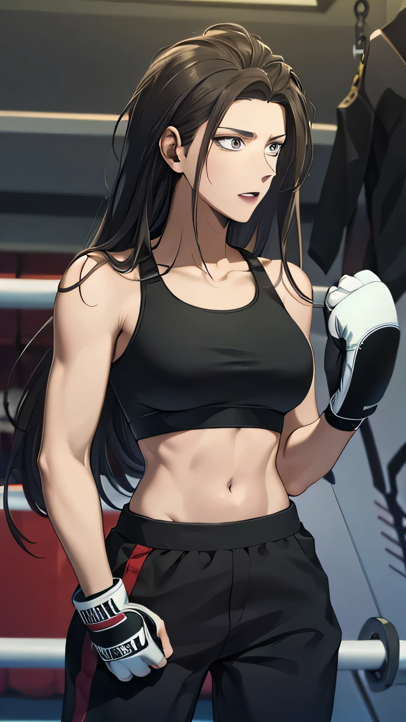  sports bra, toned,muscular,long black pants, boxing gloves, high quality, masterpiece