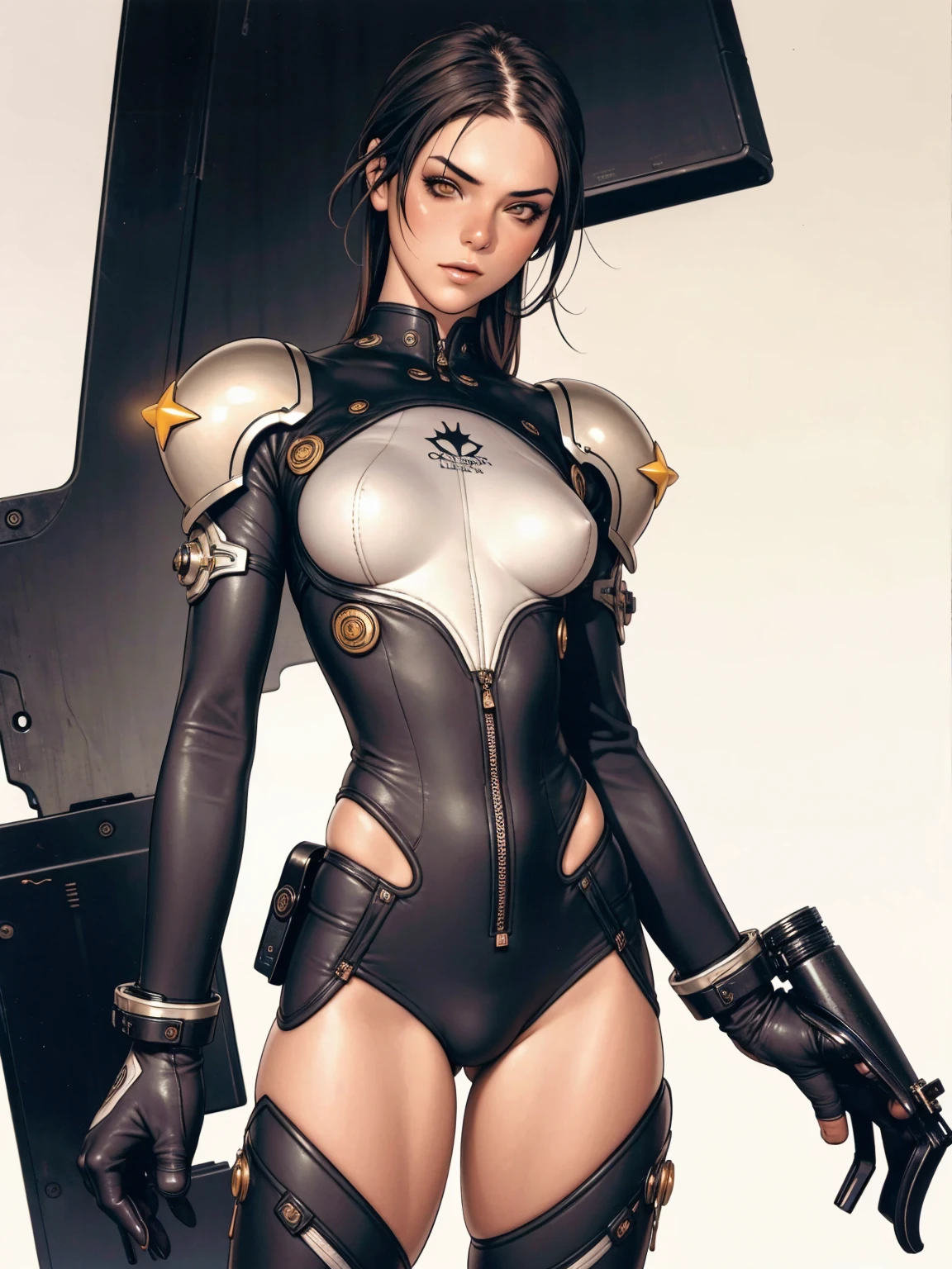 (((Annie Lennox))), ((( combat suit ))), (((bandaged arms))), ((high collar)), ((black and yellow suit))), (((best qualityer: 1.4))), (Unbeatable masterpiece), (hiper HD),(CG 8k hyper-realistic), (((brave face))), (((breasts big))), (((hyper feminine))), sexly girl, Tron,（black bob hair)), ((( sculptural body ))), (((1 Kizi))), Kizi cibernética de 25 anos com perfectbody,,Beautiful and well-groomed face,muscular body:1.2,solid color detailed jacket, (Head to thigh photos)， Complex equipment, green dark，Long pants，Tight clothes are dark，With white stars and off-white stripes,,,,,Armor Metal Electronic Parts, Poison tattoos ) INFO, Kizi, (((standing alone))), pirralha violent, ((())), sexly, pose de atitude, work of art, post-apocalypse, (((manga style))), bounty hunter, violent, Manic, the way you want, slenderbody, thin but strong, perfectbody, roupa moderna, advanced technology, neon, sleeves with vertical striped pattern, neutral background, (( cowboy shot )). intricate visual
