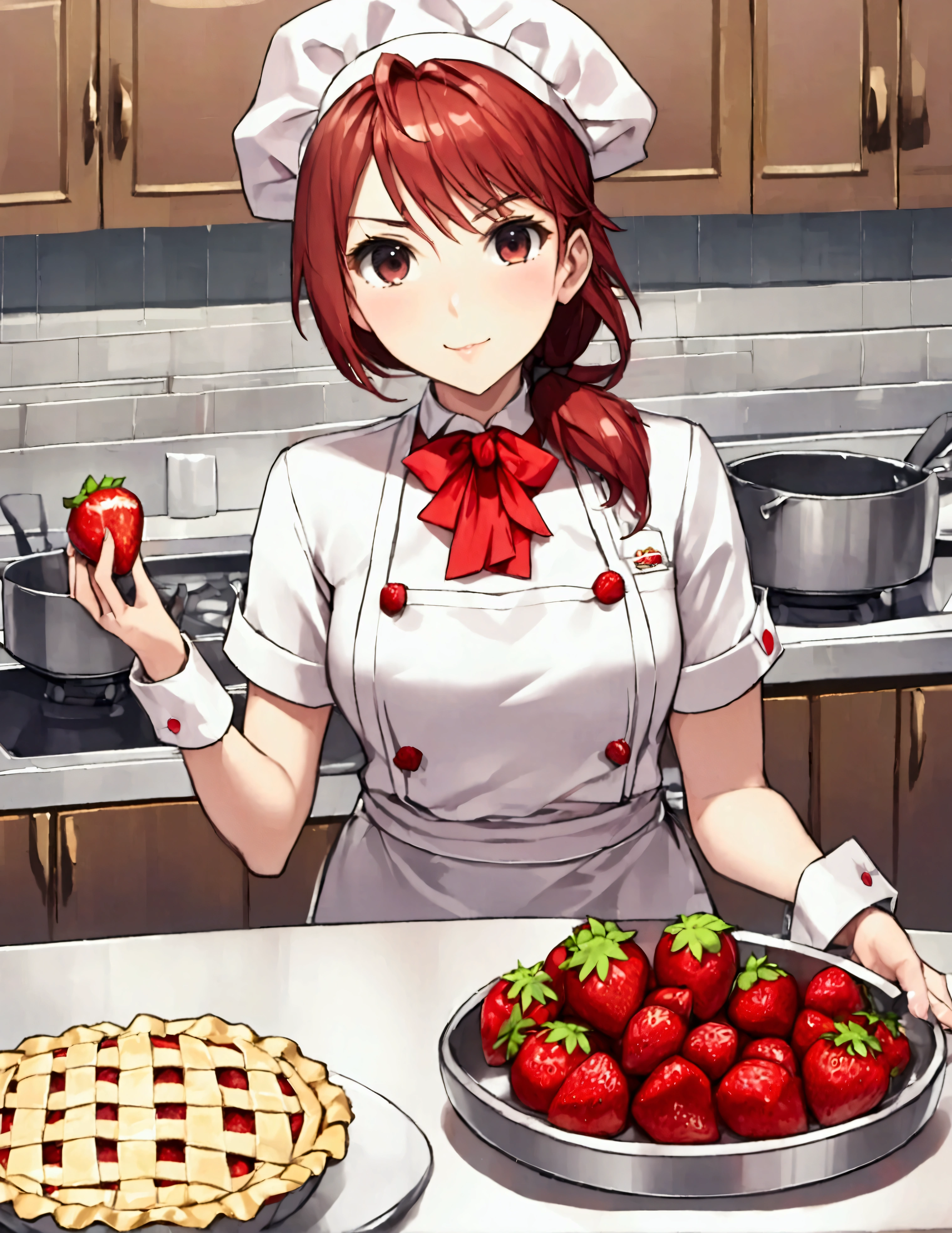 A cute woman (age 25, cute chef outfit) presenting a strawberry pie to the viewer, nice kitchen