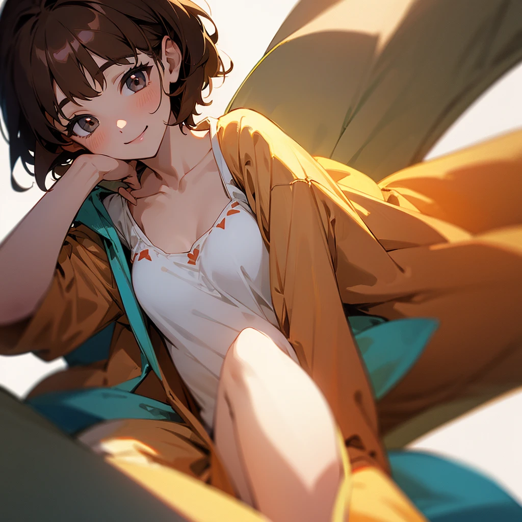 4K,masterpiece,One Girl,chest, smile, Brown Hair, short hair, pajamas,Bright lighting,White Background