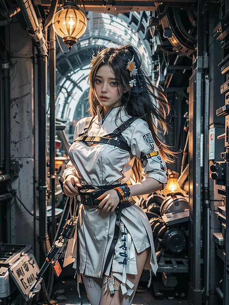 masterpiece, best quality, Movie, Official Art, Propaganda Art, Movietic Wallpapers, Very detailed CG Uniform 4k Wallpapers, Intricate details, Upper Body, Face Focus, Concept Art, The art of production, ( , high resolution, (Practical, photo-Practical:1.2), Physically Based Rendering, mechanical, reflection, Practical, Cyberpunk, symmetric front view close up head shot eyes symmetry face very sharp focus Practical award winning matte drawing movie lights, Mecha, (illustration: 1.1), Slim, White skin, 精致的Face庞, shine, Tights, (Long blond hair), Japanese shrine costumes, Green Eyes, battlefield, chip, shine, Vast landscape photos, (From below, Starry sky overhead, There is open space below), girl standing in the flower field looking up, (Quarter Moon: 1.2), (meteor: 0.9), (nebula: 1.3), Art made from broken trees, (Warm light source: 1.2), (firefly: 1.2), lamp, Lots of purple and orange, Intricate details, Volumetric Lighting, RealismBREAK (masterpiece: 1.2), (best quality), 4K, Extremely detailed, (Dynamic Synthesis: 1.4), Very detailed, Rich in details, (Rainbow Colors: 1.2), (Luminescence, Atmospheric lighting), Dreamy, excellent, (Solitary: 1.2) White hair, Flowing long hair, Strong wind, Orange Eyes, Shining eyes, Large target, Face, Breast and thigh raw meat, visible. photoPractical real, folder, Fine LED,Beautifully decorated, Beautiful relief, Widget aggregation, Metal Cylinder, 详细的霓虹lamp, Fine LED, Fine parts, gear, Measurement, pressure Measurement, steam