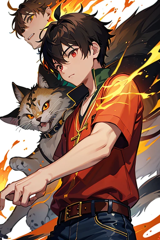 Taiga Akatora from Camp Buddy, boy, 16 years old, spiky brown hair with yellow flame-shaped highlights and red eyes black shirt with green stripe, necklace with gold cross, blue jeans, light black belt, profile looking directly at viewer, White background.