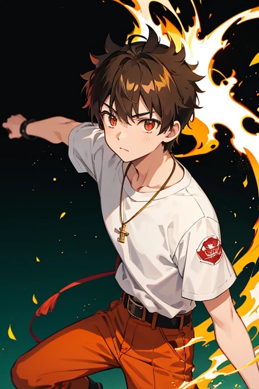 Taiga Akatora from Camp Buddy, boy, , spiky brown hair with yellow flame-shaped highlights and red eyes black shirt with green stripe, necklace with gold cross, blue jeans, light black belt, profile looking directly at viewer, White background.