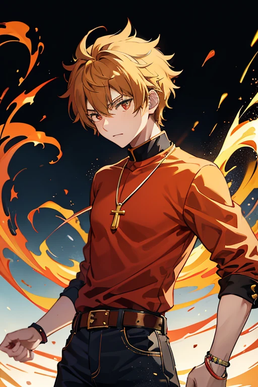 Taiga Akatora from Camp Buddy, boy, 16 years old, spiky brown hair with yellow flame-shaped highlights and red eyes black shirt with green stripe, necklace with gold cross, blue jeans, light black belt, profile looking directly at viewer, White background.