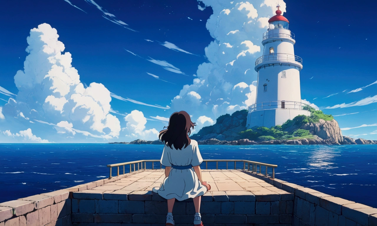 Ultra-high resolution,80s aesthetic anime ,outline,Studio Ghibli,White lighthouse on the cape, Girl sitting on a platform,Turn your back on the viewer,White cloud,Deep Blue Sea,Anime Bloom Effect,Soft lighting,CG particle effects 4K resolution