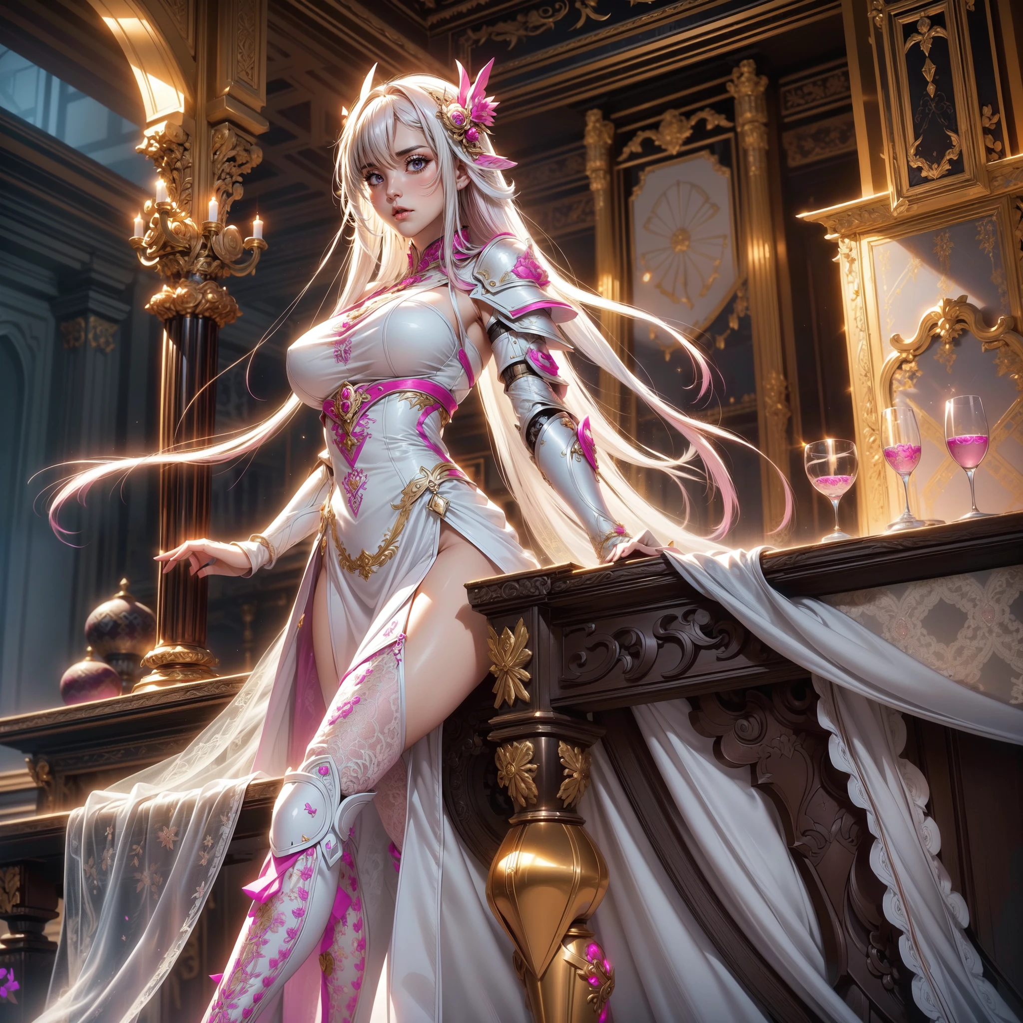 Fantasy Art,Better image quality,(8k),Super realistic,最high quality,high quality,High resolution,High quality texture,High detail,beautiful,detailed,CG muy detailed,detailed texture,realistic facial expression,masterpiece,before,dynamic,Bold),1 girl,very detailed skin,curve,Beautiful breasts,big breasts,White skin,pointed chest,erect nipples,(fine hair),(soft fur),(ultra straight hair),long flowing bangs,pink hair, hair over one eye,(leather boots,(asymmetrical mechanical armor),(long pink lace dress with embroidery,see through:1.2)) Character is facing. In a room in a luxury palace. With welcome pose.