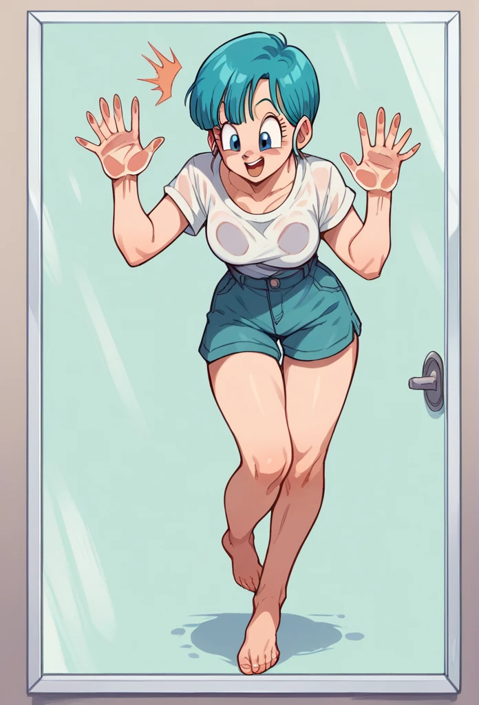 a woman, head on, blue hair, being pressed by a transparent glass, slap, breasts, Thighs, being pressed by the transparent glass, bare legs, barefoot, clear glass pressure,bulma