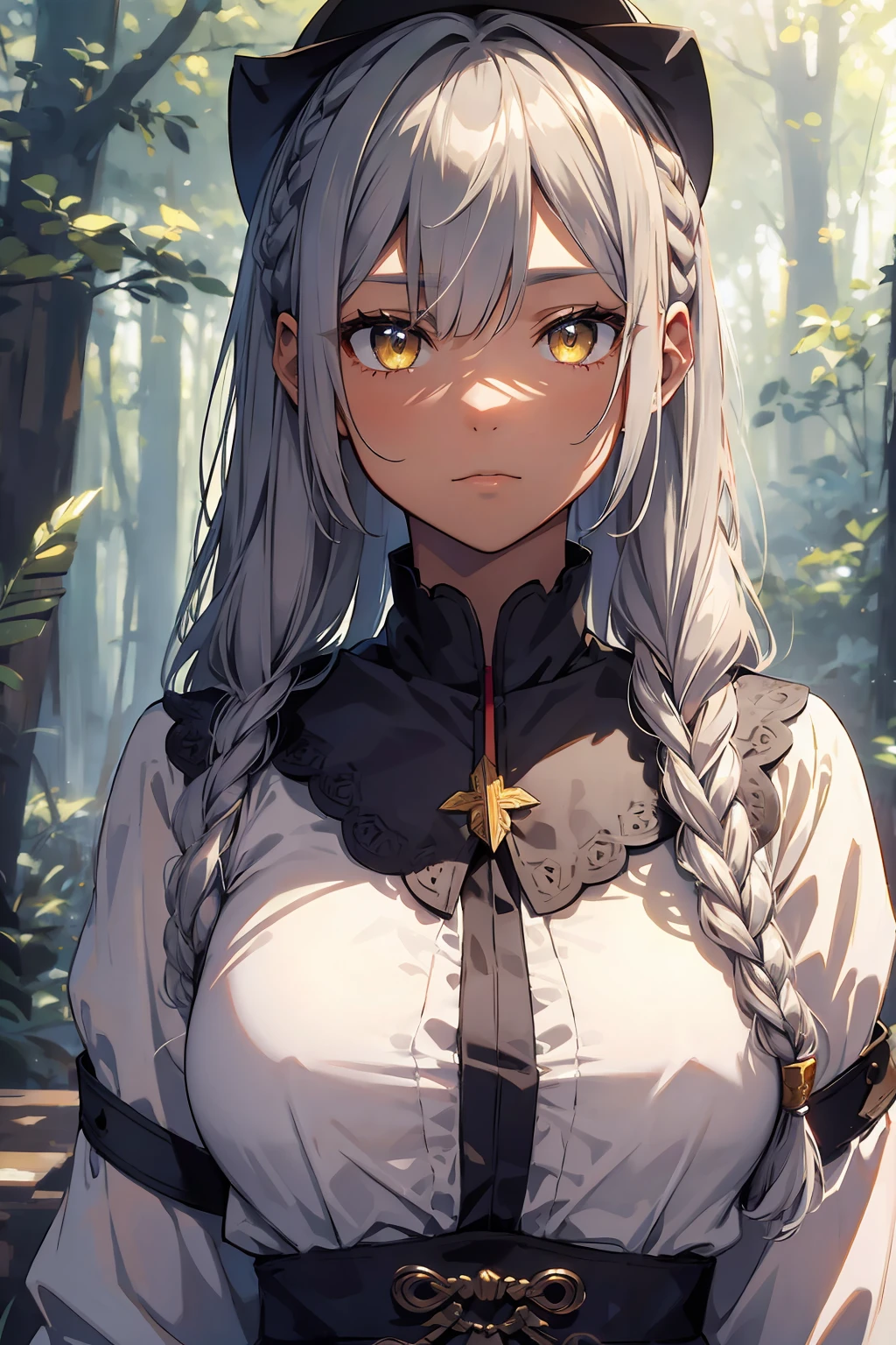 (masterpiece, Highest quality, Very detailed, Best Shadow), (Detailed Background, Cowboy Shot, null, lightning, Maya文明, Mayaのピラミッド, forest, Dense forest, View your viewers, Severe, anger), (Detailed face, Feminine characteristics, Strong jawline), (Best lighting), ((Cinematic Light)), colorful, Hyper Detail, Dramatic Light, Intricate details, (Maya, Woman with dark skin, Gray Hair, Yellow Eyes, Gray Hair, Braiding, Mayaの衣服, god )