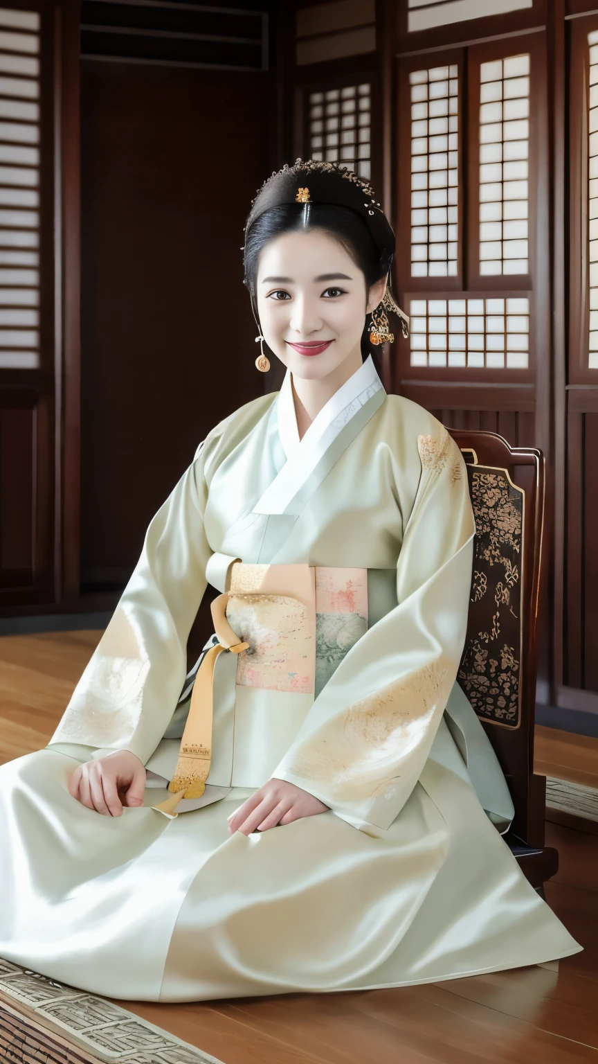 Woman wearing Chinese clothing, Upper body Sitting pose, on Wooden Chair ,looking at viewer, Korean, 30 years-old, One of the three most beautiful women in the Korean, A beauty known all over the world, (Black hair, beautiful lip, smile, earring ), (middle breasts, slender whist, wide hip ) ,(Silk Korean Hanbok clothing ,background wear color is White), Royal cloth, Korean shoes ), ancient Korean Library,in king Place (masterpiece, highest quality, High resolution, Photo realistic, sharp, RAW Photos, 8k wallpaper, perfection, Professional Lighting, Very detailed)