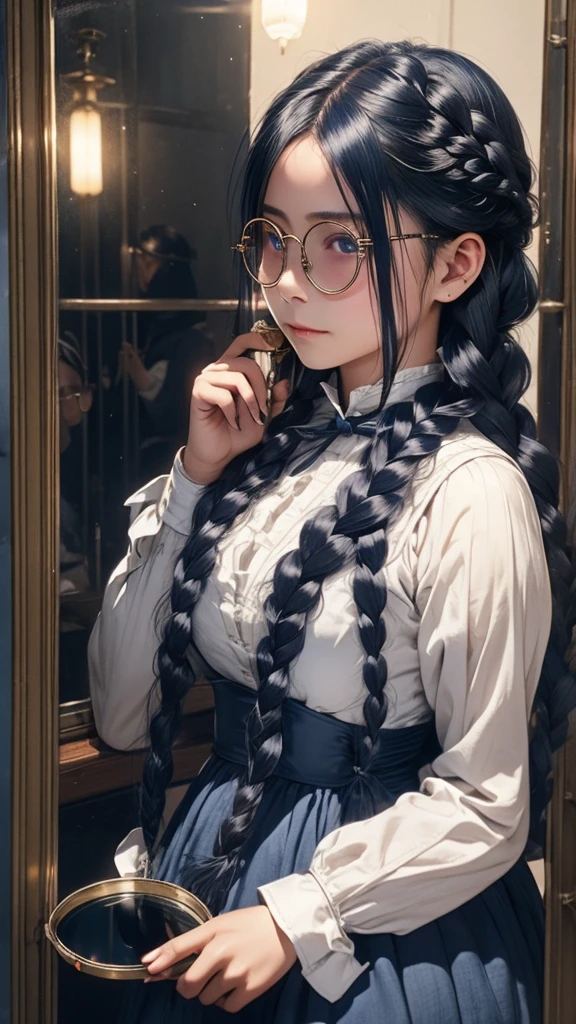 Large round lens glasses、Long indigo hair braided、Tavern、Edwardian maid outfit、Anti-tank guns in both hands、woman、The pupils are invisible due to the reflection of light.、Yuan Junjun、Reflected light glasses
