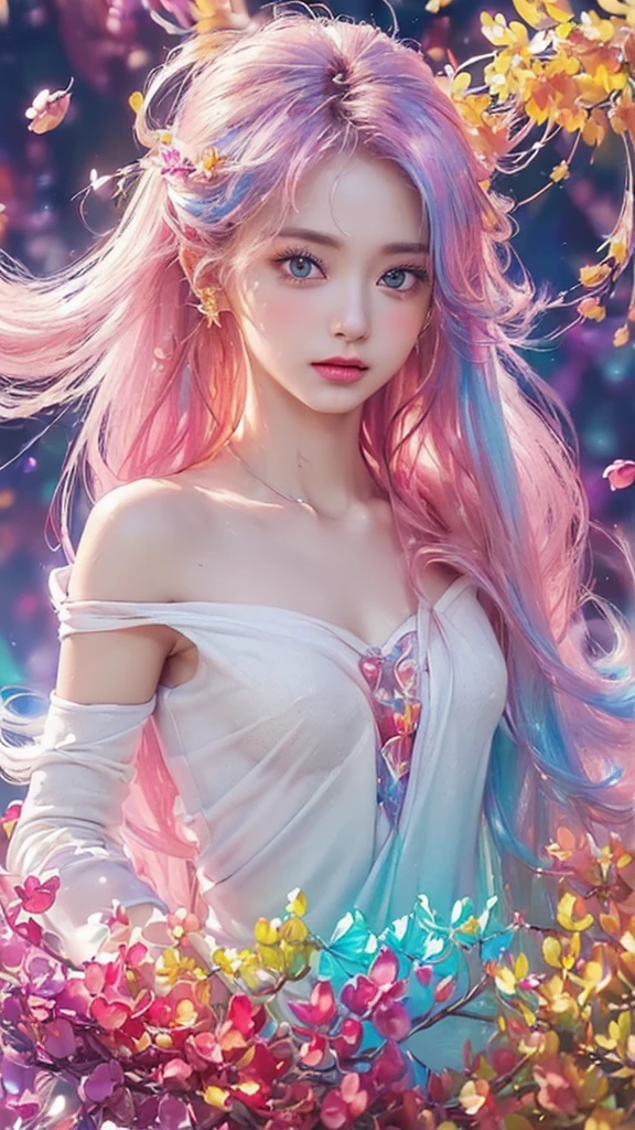 （Pink Fashion T-shirt：1.9），(Colorful hair: 1.8), (All the colors of the rainbow: 1.8),(((((vertical paintinging：1.6))), （paintinging：1.6），front, 漫painting, illustrations, paintingings, big eyes, Crystal clear eyes,（ Rainbow gradient high ponytail：1.7）, Exquisite makeup, Shut up,(Small fresh: 1.5),(Wipe Chest: 1.6) ，Long eyelashes, White off-the-shoulder T-shirt, White off-the-shoulder shirt，Looking at the audience, big、watery eyes, (Rainbow Hair：1.6), 色彩飞splash, （Solitary：1.8）, 色彩飞splash, Color Explosion, thick painting style, Messy lines, ((shining))，(rich and colorful), (rich and colorful), (rich and colorful), rich and colorful, Thick painting Style, (splash) (Color splash), Vertical paintinging, Upper Body, painting splash, Acrylic paint, slope, painting, Highest image quality, best quality, masterpiece, Solitary, Depth of Field, Face painting, rich and colorful clothes, (elegant: 1.2), Gorgeous,Long hair, wind, (elegant: 1.3), (petal: 1.4)，(((masterpiece))),(((best quality))),((Extremely detailed)),(illustration),(Dynamic Angle),((floating)),(painting),((Messy hair)),(Solitary),(1 Girl) , (((Delicate anima face))),((Beautiful and delicate face)),collar,Bare shoulders,White hair, ((rich and colorful hair)),((Striped hair)),Beautiful and delicate eyes,(slope color eyes),(((rich and colorful eyes))),(((rich and colorful background))),(((High Saturation))),(((surrounded by rich and colorful splashes))),nude