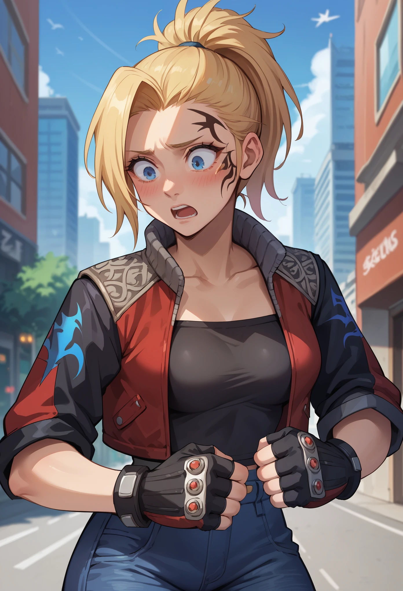 score_9, score_8_up, score_7_up, 1girl, solo, zell, medium breasts, solo, blue eyes, gloves, jacket, blonde hair,  long hair, ponytail, tattoo, gloves, facial tattoo, red jacket, black jacket, two-colours jacket, black shirt, fingerless gloves, denim, standing, stiff hands, shocked face, blushing, nervous, shaking, open mouth,looking down, city,