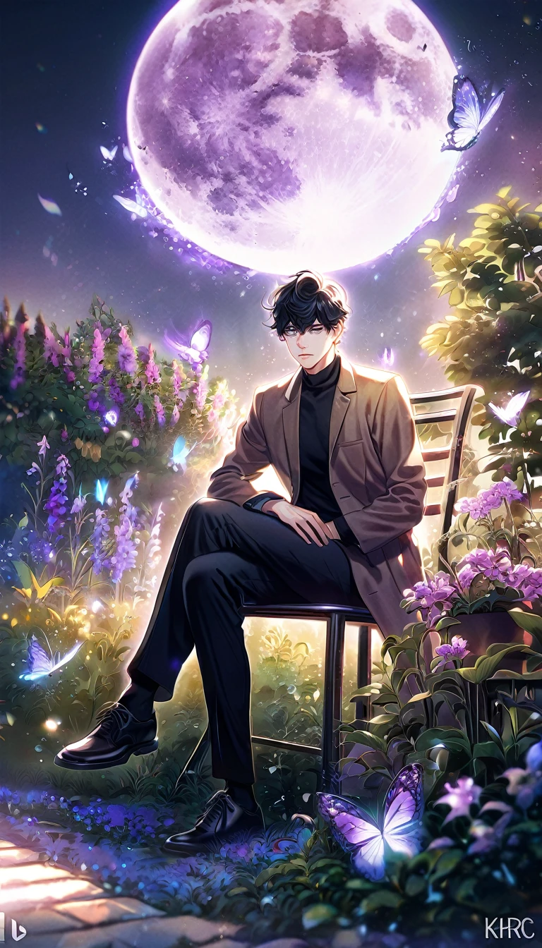 (absurdres, highres, ultra detailed, HDR) master piece, best quality, extremely detailed, delicated features, Han Yoohyun, black hair, messy hair, expressive gray eyes, The S-Classes That I Raised, solo, sexy man sitting, handsome, sensual, brown coat, black tight turtleneck shirt, black pants, fantasy, magical, glittering, shining, purple flames, purple moon, purple flowers, purple butterflies, garden