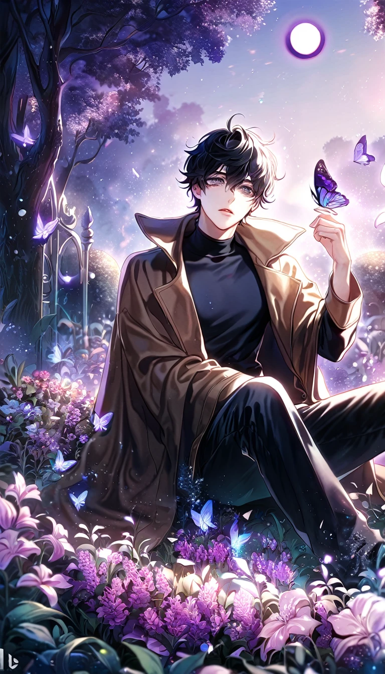 (absurdres, highres, ultra detailed, HDR) master piece, best quality, extremely detailed, delicated features, Han Yoohyun, black hair, messy hair, expressive gray eyes, The S-Classes That I Raised, solo, sexy man sitting, handsome, sensual, brown coat, black tight turtleneck shirt, black pants, fantasy, magical, glittering, shining, purple flames, purple moon, purple flowers, purple butterflies, garden