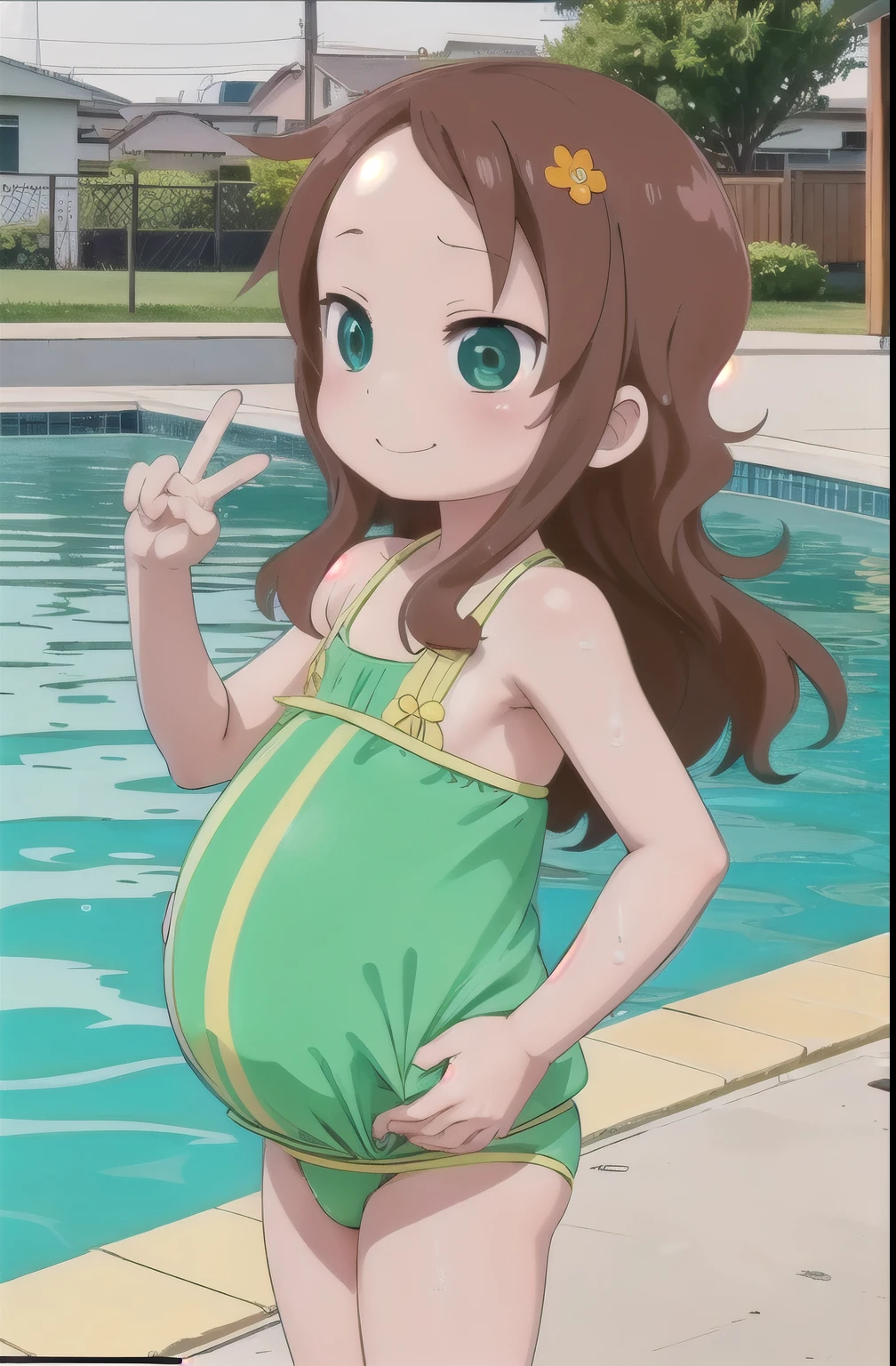 8--old l,cute,(looking at viewer:1.0), details sky,handsome,((masterpiece:1.4,best quality)),multiple details,eyeshadow,sfw, (medium shot:1.5), gradiant eyes, hazel eyes, standing, stand, pool stand in pool,
 riko, long hair, brown hair, green swimsuit, hair flower, green eyes, anime screencap, hyper-pregnant, wink the eye, smile, pregnant belly, Peace_sign, green swimsuit. Side, perfil, profile, hand on belly. Bikini, microBikini, micro bikini, green bikini. Wet body, wet clothes, wet hair.