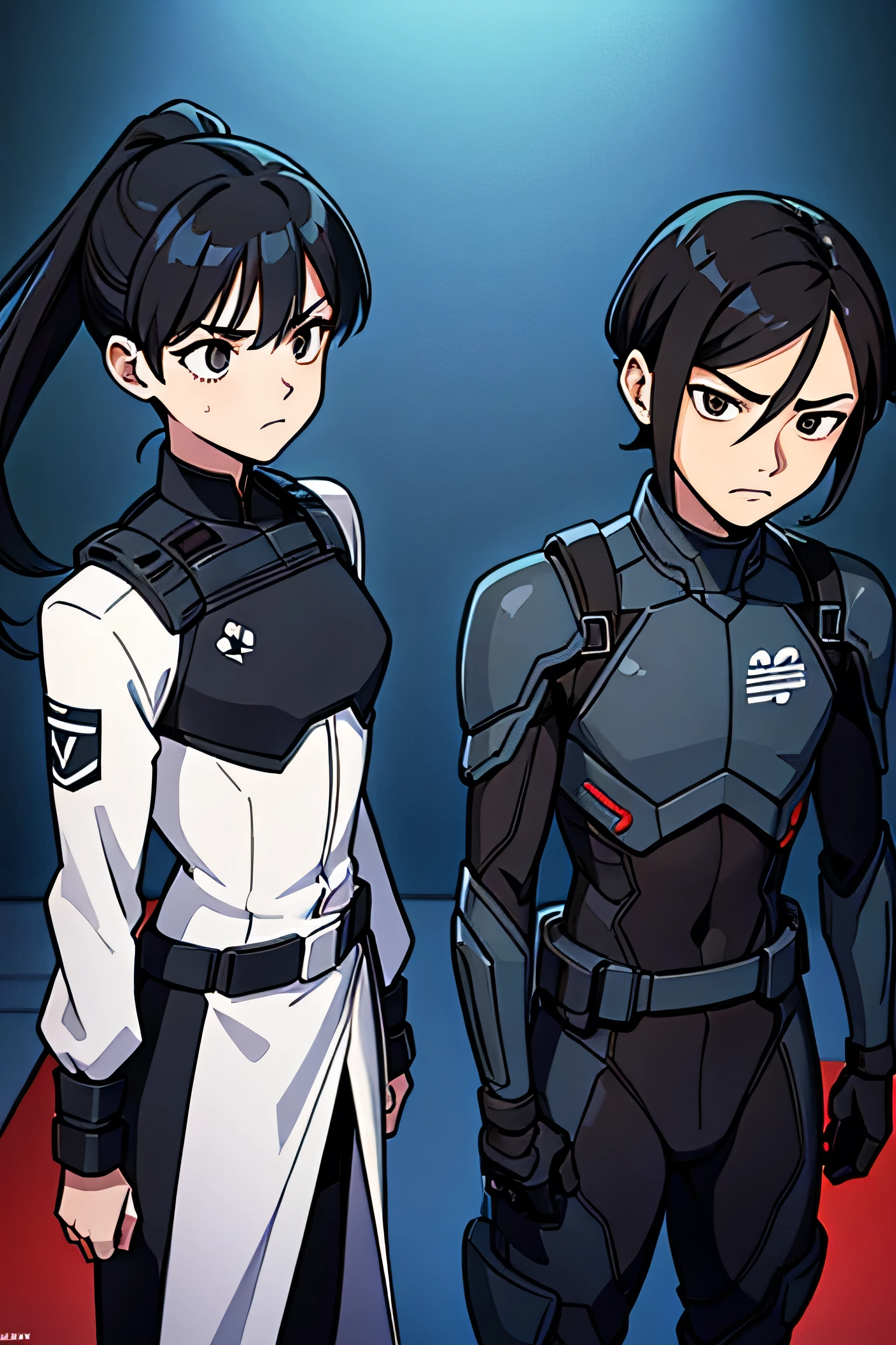 Digital illustration in a manga style, featuring two kids male and female, twin characters male and femele, they have 13-year-old . The layout is dynamic, with the main focus on two characters in the foreground, the two characters are femele y male twins siblings. The character male on the left wears a completely black military technological suit. He has short black hair, black eyes and is 1.65 tall. He has a angry expression as the character on the right, a girl with medium-length brown hair tied in a ponytail, She is wearing the same black military technological suit that her brother. She has black hair, black eyes and is 1.54 tall. The background it's a blank place. The illustration is colorful and detailed, capturing a moment of tension and interaction between the two characters. Both characters have Asian features. the characters are standing, full length image