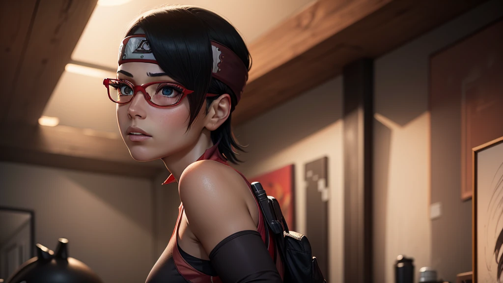 (high resolution,work of art:1.2),ultra detali,realisitic,proffesional,beautiful detailed eyes,beautiful detailed lips,dark hair,short black hair,red glasses,very big tits,stunning black eyes,clean skin, de 18 anos,trendy short hairstyle,vibrant red glasses,Academia Shinobi,fierce determination,confident stance,crimson outfit,intense gaze,Background full of ninjutsu techniques,shadows skillfully accentuating your features,subtle studio lighting,sublime realism,striking color tones