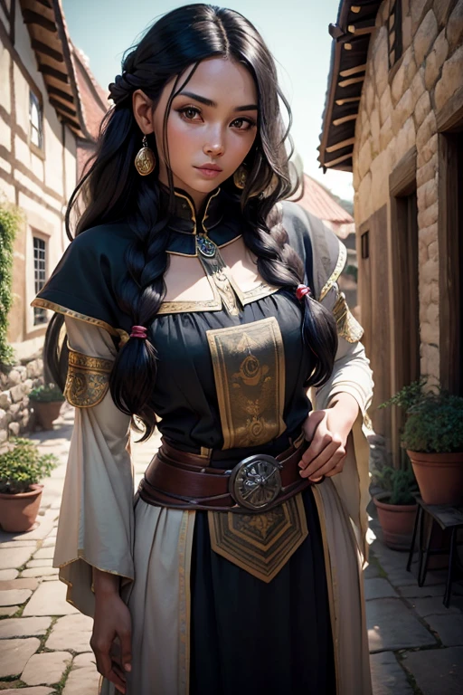 30 year old woman, longye hair, blackw, beautiful  face, greeneyes, nordic pour, medieval village, giorno.