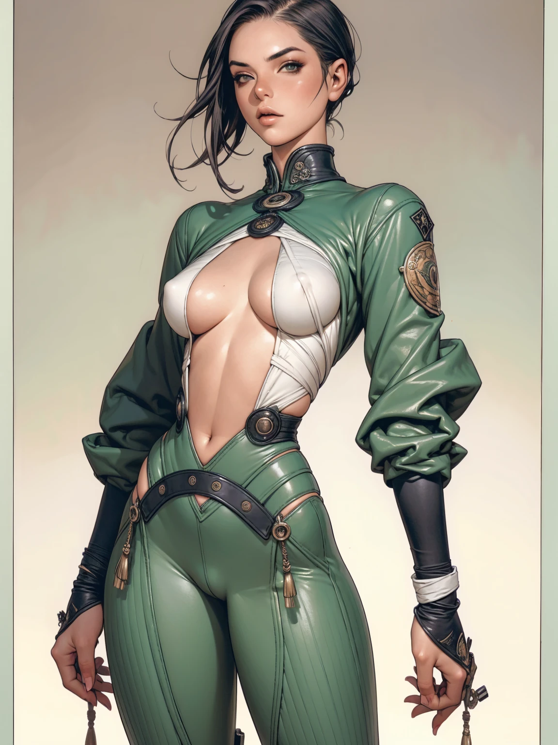 (((Annie Lennox))), ((( military suit ))), (((Bandaged body))), ((high collar)), (((dark bluish green))), (((best qualityer: 1.4))), (Unbeatable masterpiece), (hiper HD),(CG 8k hyper-realistic), (((brave face))), (((breasts big))), (((hyper feminine))), sexly girl, Tron,（black bob hair)), ((( sculptural body ))), (((1 Kizi))), Kizi cibernética de 25 anos com perfectbody,,Beautiful and well-groomed face,muscular body:1.2,solid color detailed jacket, (Head to thigh photos)， Complex equipment, green dark，Long pants，Tight clothes are dark，With white stars and off-white stripes,,,,,Armor Metal Electronic Parts, Poison tattoos ) INFO, Kizi, (((standing alone))), pirralha violent, (((14歳))), sexly, pose de atitude, work of art, post-apocalypse, (((manga style))), bounty hunter, violent, Manic, the way you want, slenderbody, thin but strong, perfectbody, roupa moderna, advanced technology, neon, sleeves with vertical striped pattern, neutral background, (( cowboy shot )). intricate visual