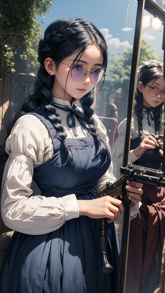Large round lens glasses、Long indigo hair braided、Tavern、Edwardian maid outfit、Anti-tank guns in both hands、woman、The pupils are invisible due to the reflection of light.、Yuan Junjun、Reflected light glasses、年増woman